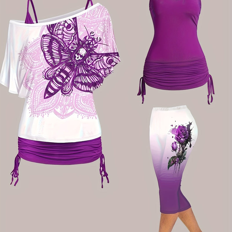 Women’s Off-Shoulder Top with Butterfly Print And Three-Quarter Pants.
