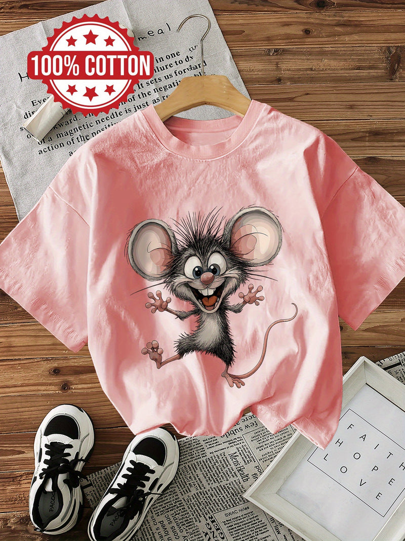 Women's Cotton Cartoon Mouse Graphic Print T-Shirt.