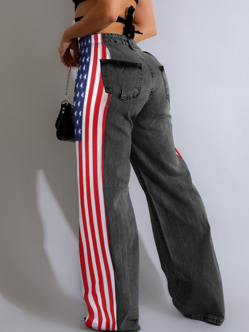 Women's High-Waisted Straight Wide Leg Jeans with American Flag Design.