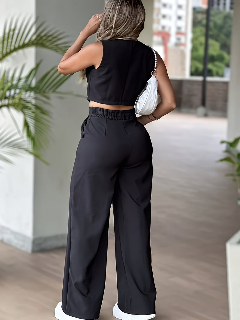 Women's Sleeveless Waist-Cinching Vest Set with Wide-Leg Pants.