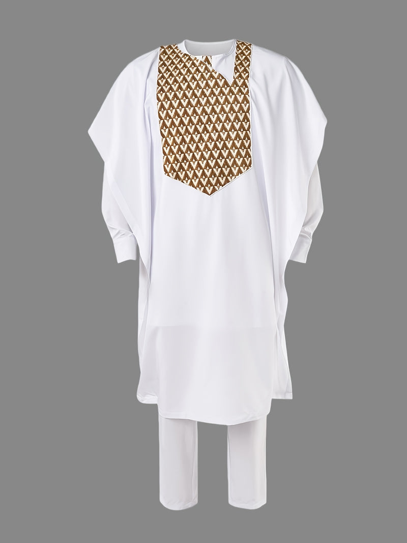 Men's Agbada Three-Piece Set, Round Neck, Hidden Buttons.