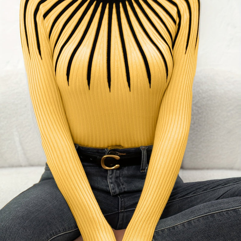 Women's Color Block Ribbed Elegant Long Sleeve Pullover.