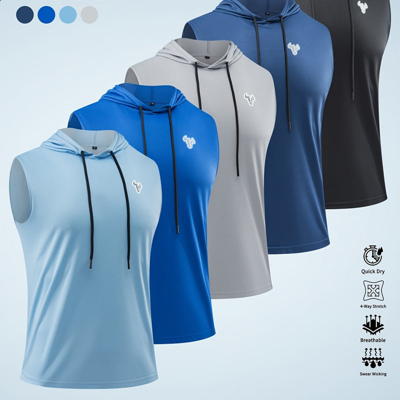 5pcs Solid Color Breathable Men's Sleeveless Hooded Tank Tops.