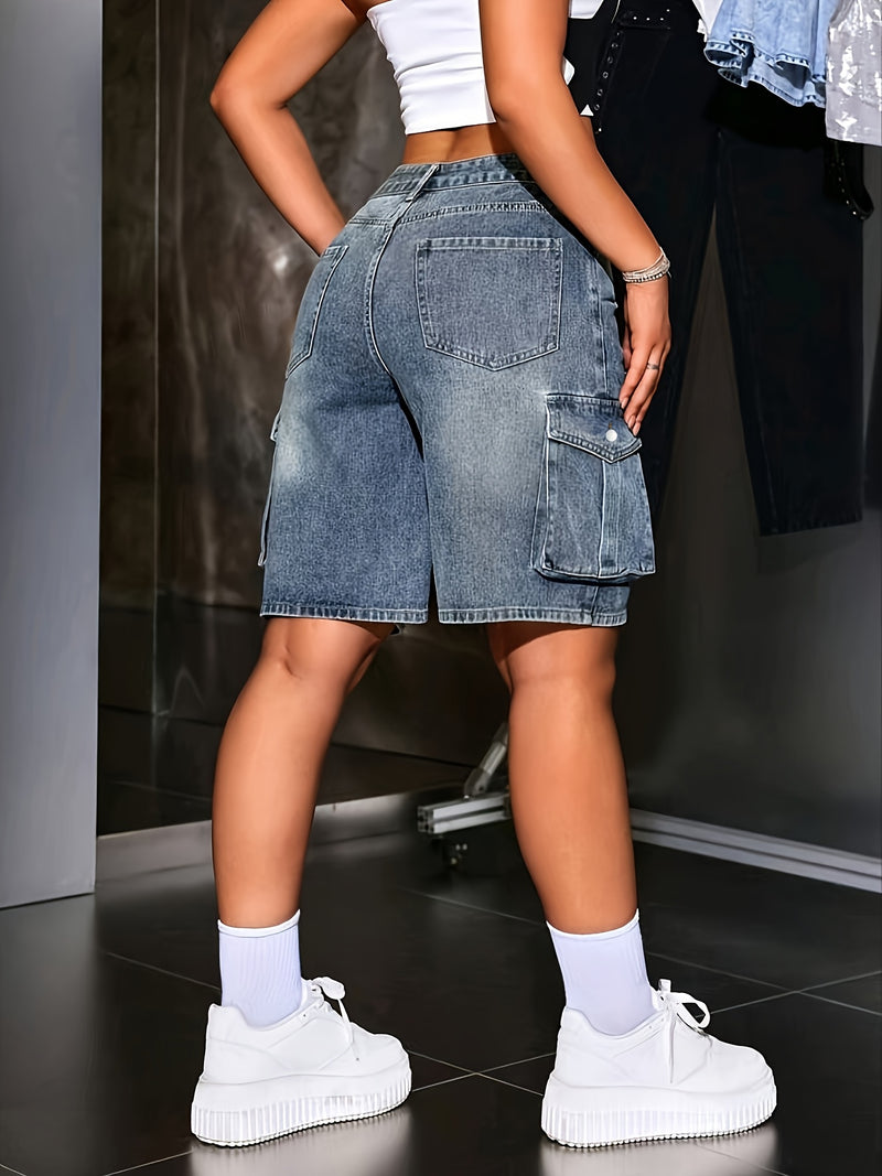 Women's Summer Blue Stretchy Multi-Pocket Casual Bermuda Denim Shorts.