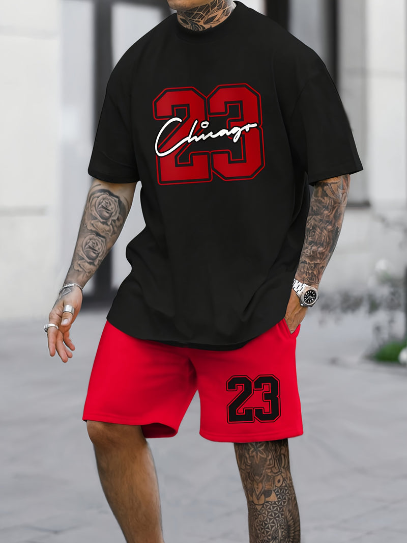 Chicago 23 Print Men's Two-piece Set, Casual Crew Neck Short Sleeve T-shirt & Drawstring Shorts With Pocket, Cool Comfortable Versatile Outfits For Spring And Summer, Outdoor Sports