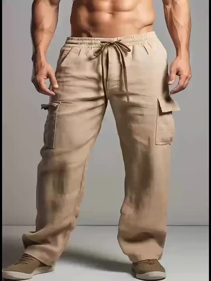 Linen Drawstring Elastic Waist Multi-Pocket Casual Long Pants.