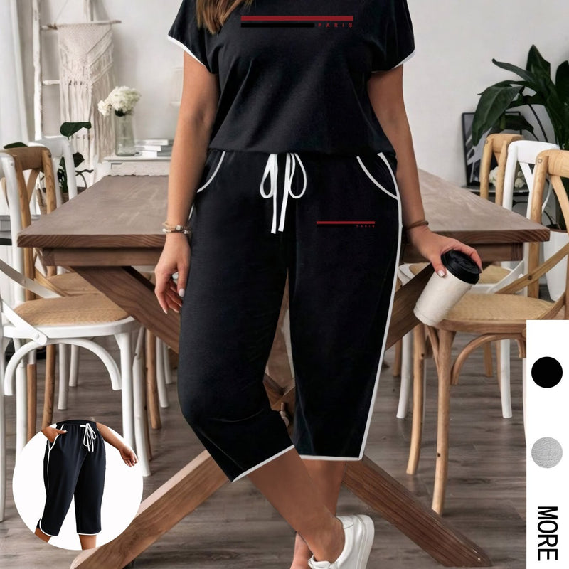 Women's Set PARIS Letter Print White Banded Crew Neck Short Sleeve T-Shirt.