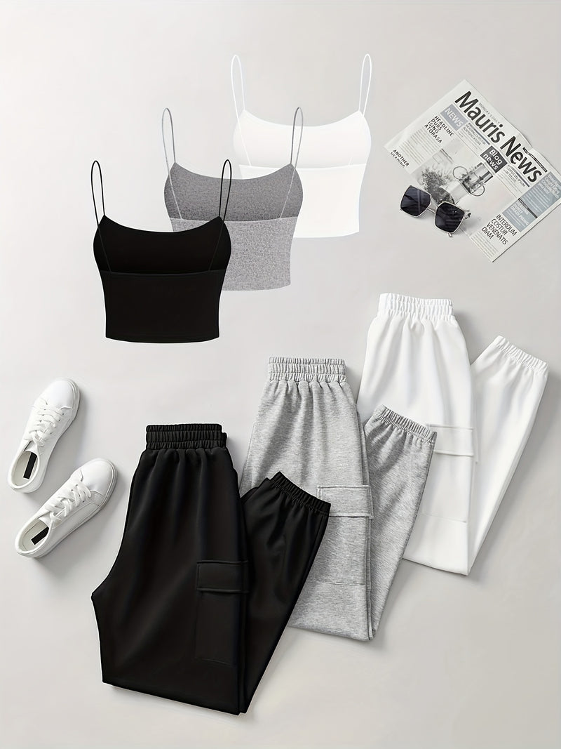 6pcs Women's Casual Short Camisole And Elastic Waist Pocket Work Pants.