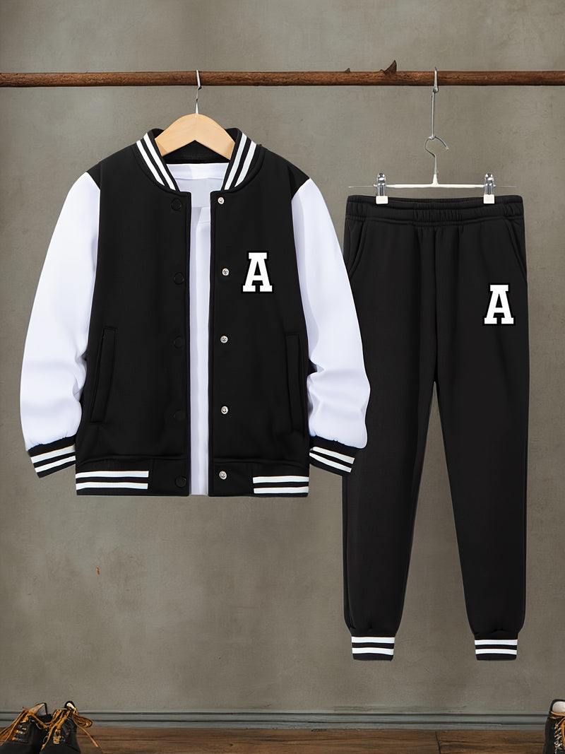 2pcs Boys  Winter Warm Letter 'A' Print Baseball Jacket & Pants Suit.
