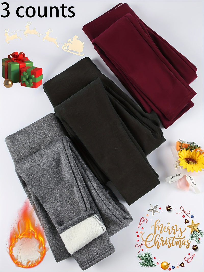 3pcs -Lined Solid Color Skin-Tight Leggings, Autumn/Winter.