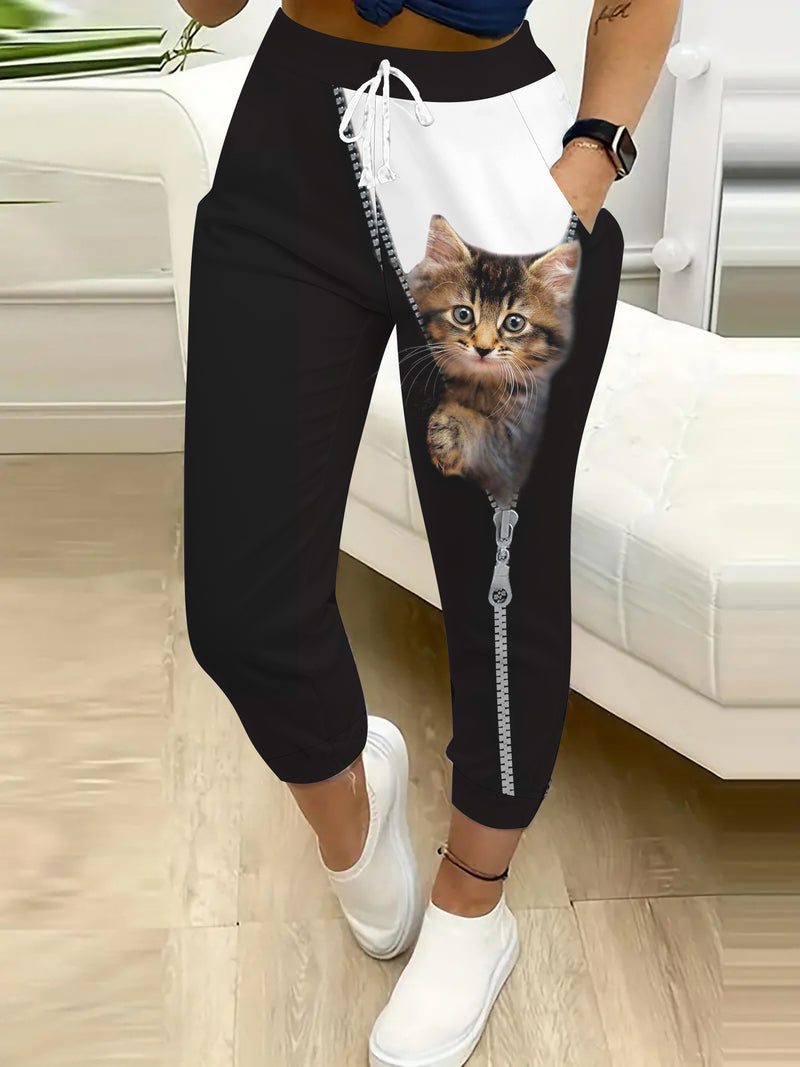 Women's Casual 3D Pocket Cat Print Drawstring Pocket Pants.