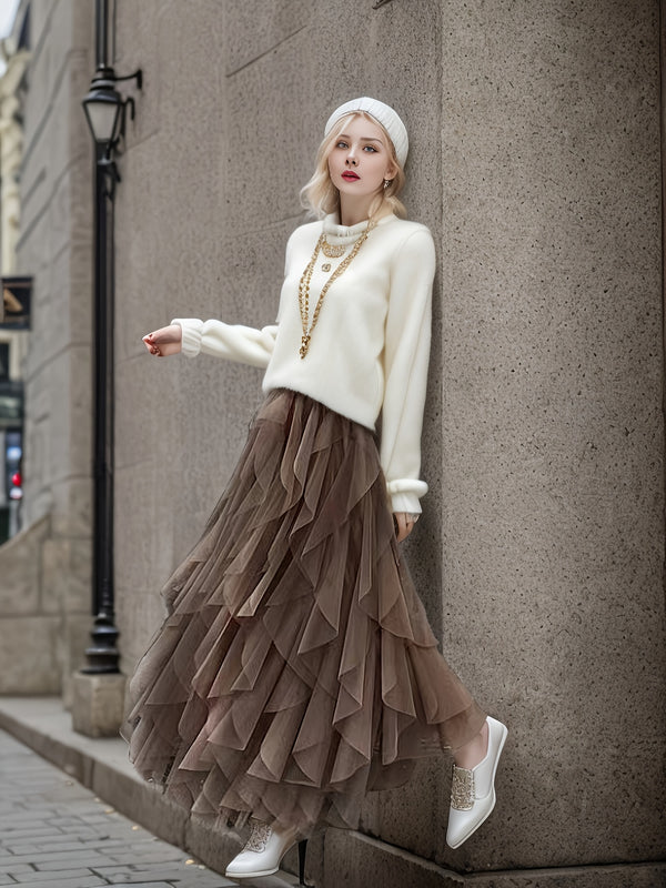 Women’s Irregular High-Waisted A-Line Tulle Skirt, Layered Tulle Skirt.