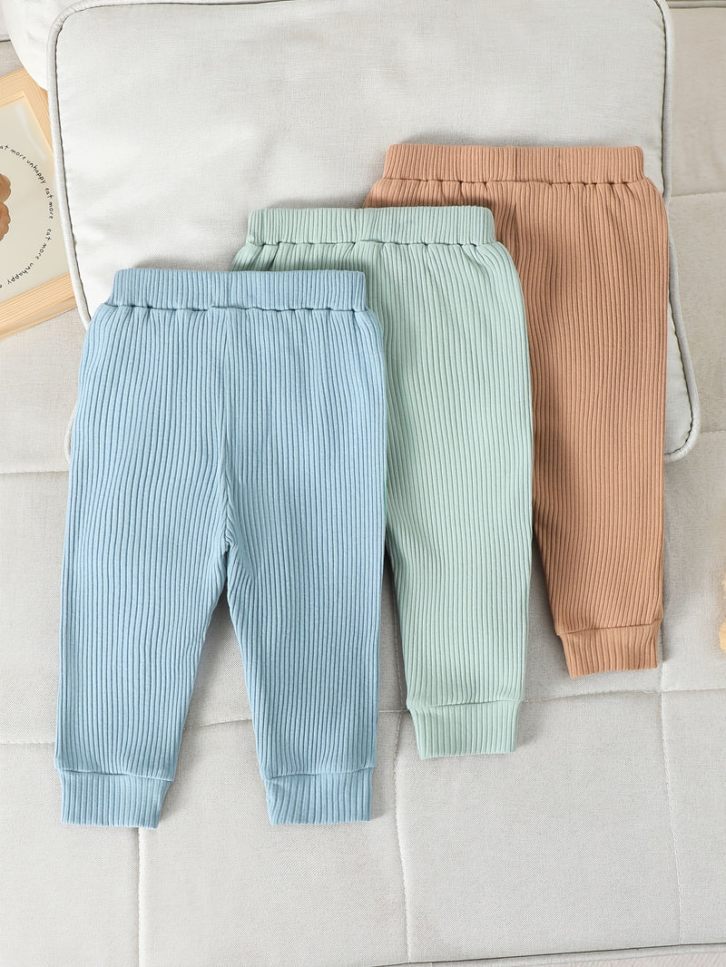 3pcs Boys' Solid Color Cotton Ribbed Knit Bear Patch Stretch Waist Pants/Leggings.