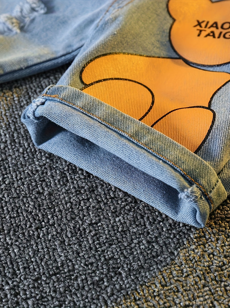hibobi Cartoon print long sleeve t-shirt with denim shorts, Perfect for Outdoor.