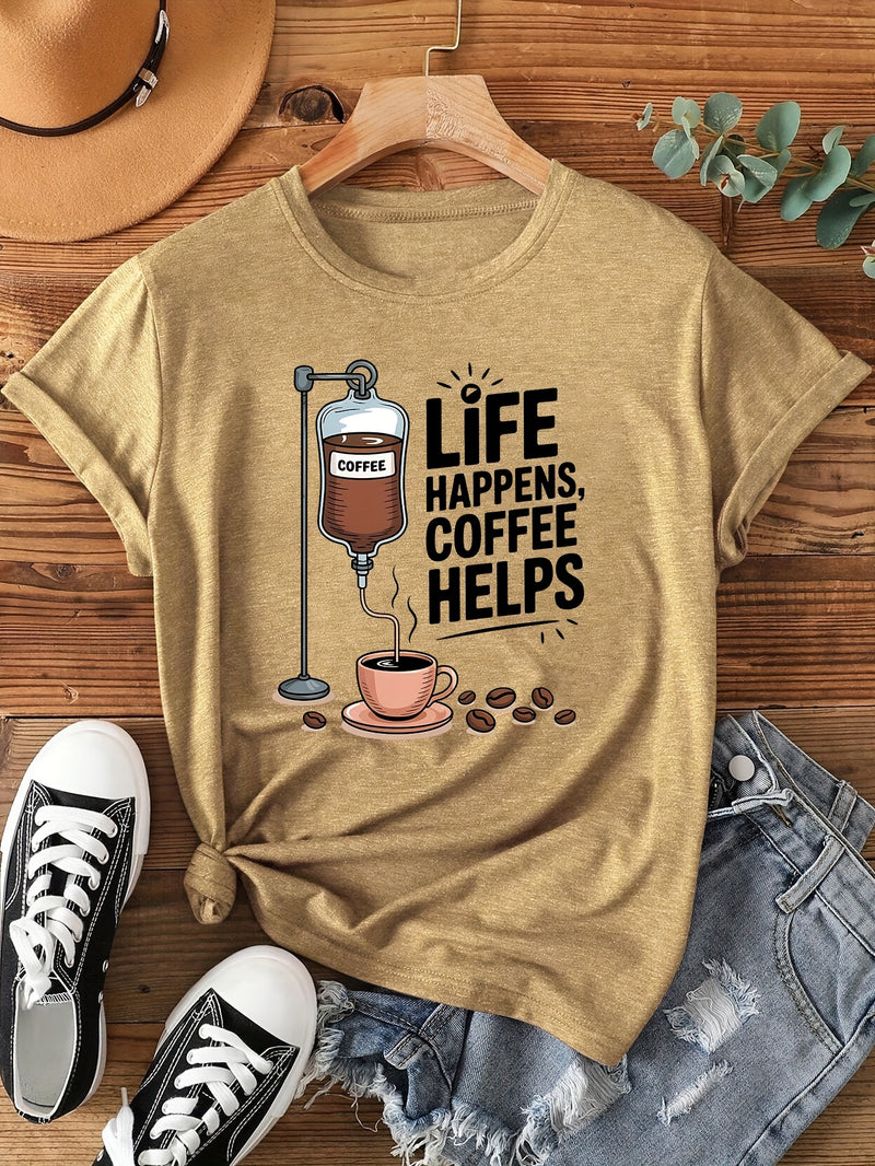 Women's Coffee-Themed T-Shirt with "Coffee Helps" Slogan.