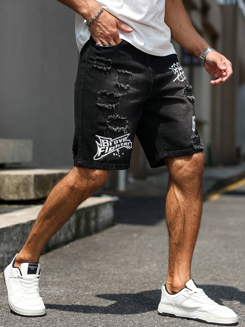 Men'S Casual Distressed Denim Shorts with "DESIGNER COOL" Print - Black & Gray.