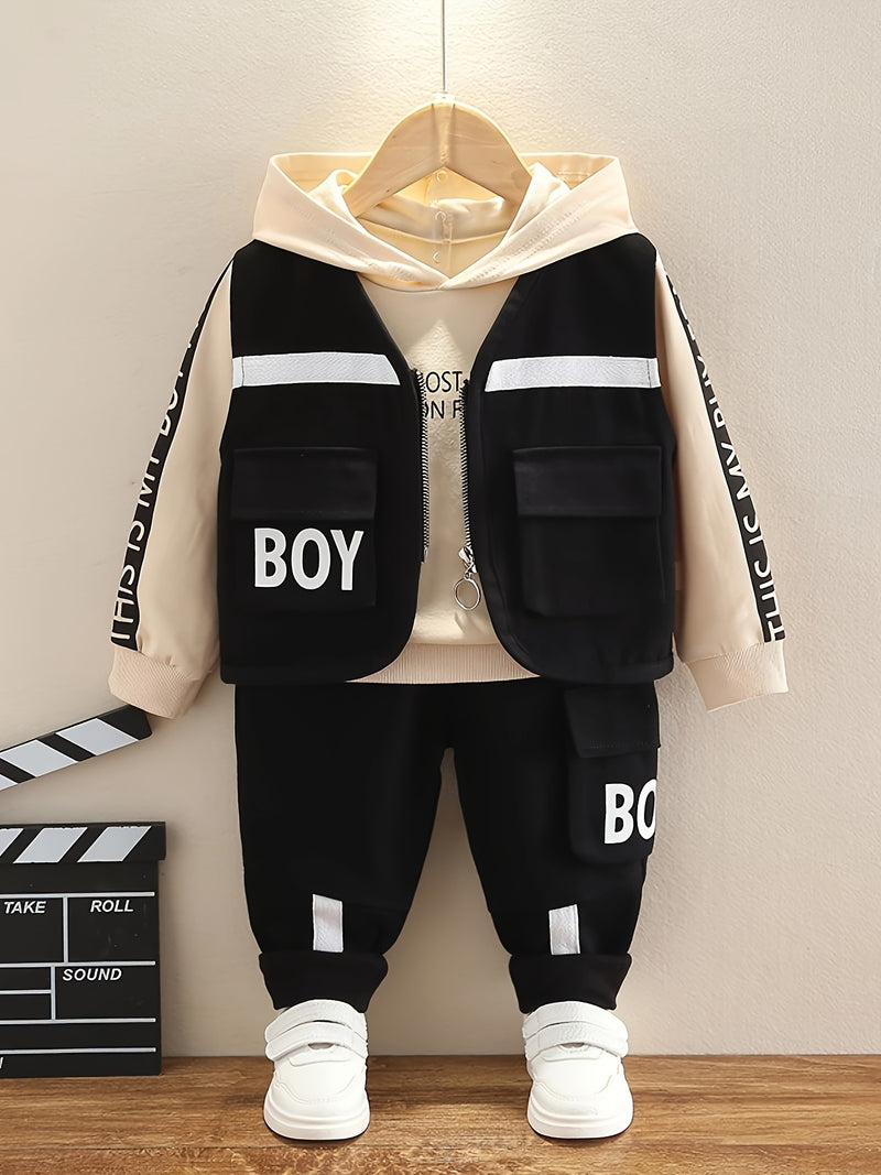 Boys Autumn Clothing Set, New Autumn Fashionable Vest Sweatshirt Three-Piece.