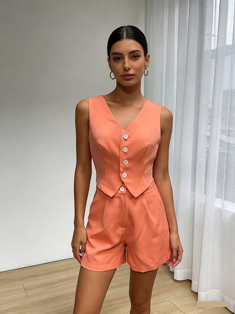 A Solid Color V-Neck Tank Top And Shorts Set for Women.