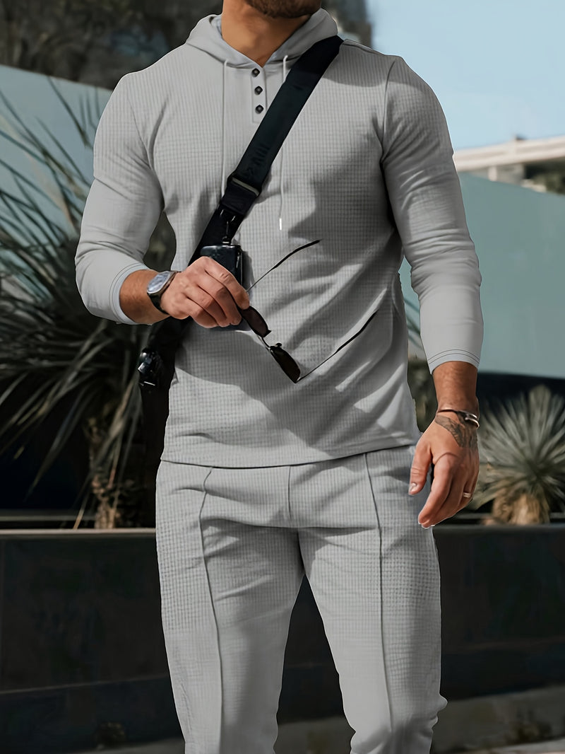 A Two-Piece Casual Outfit for Men Hooded Long-Sleeve T-Shirt.