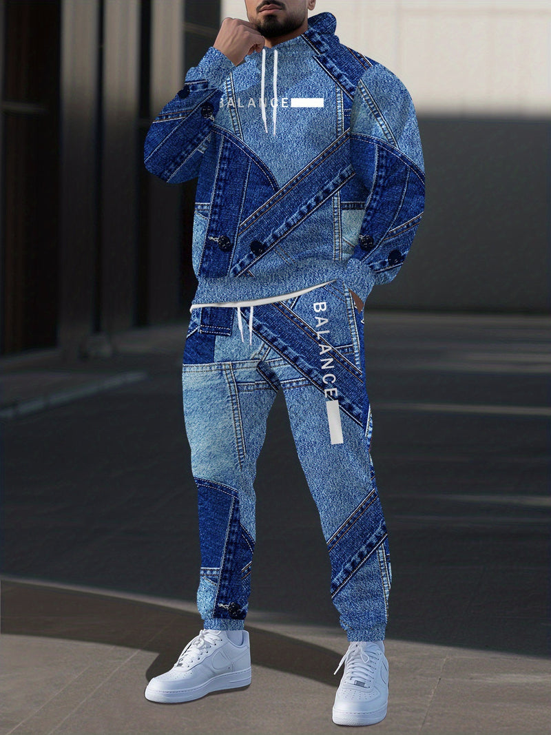New Blue Denim Patchwork Style Pattern Digital Print Sportswear Set Hooded.