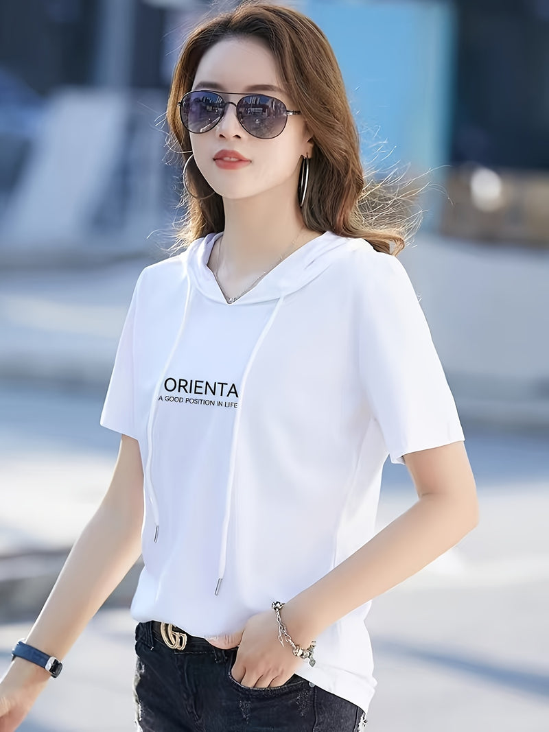 Summer New Korean Version Loose Short Sleeve Thin Trendy Printed Hooded T-Shirt for Women.