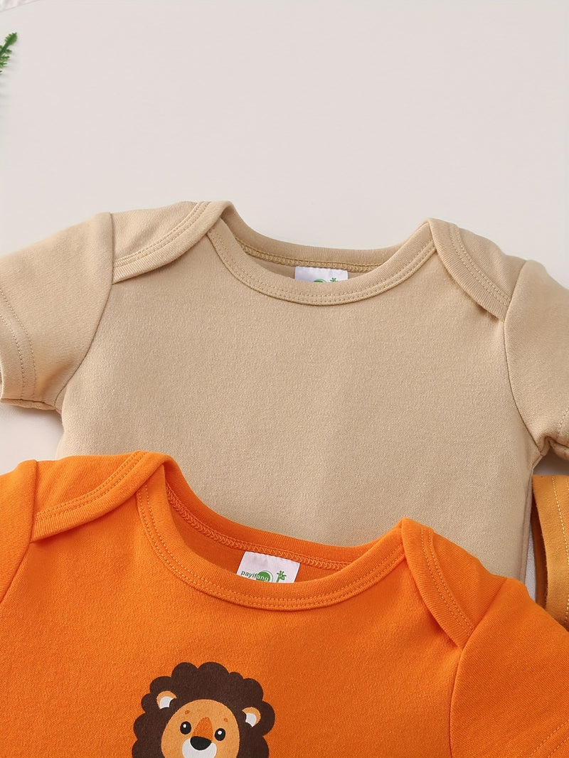 5pcs Set for Baby Boys Featuring a Cartoon Orange Lion Print.