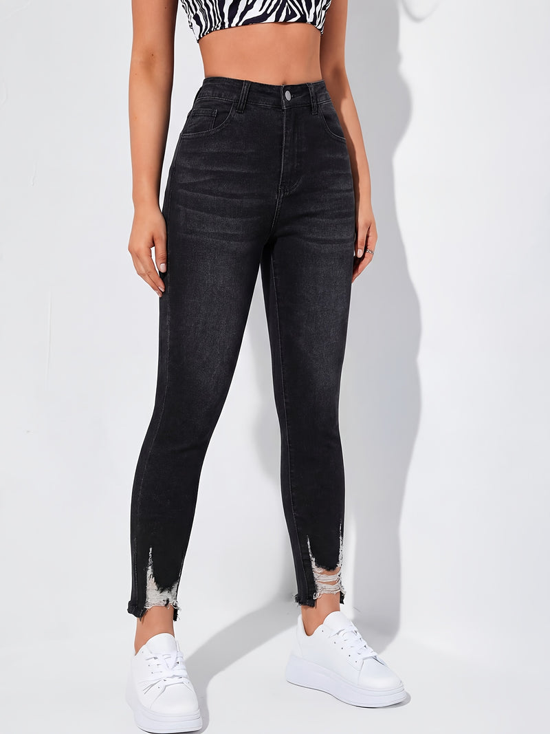Women's Ripped Skinny Jeans with Frayed Edges.