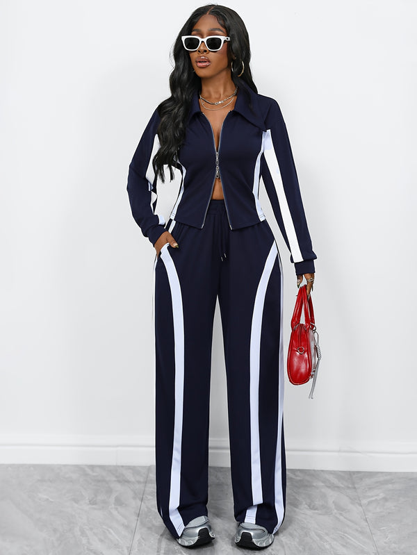 Women's Autumn-Winter Zippered Long Sleeve Jacket and Slim-Fit Pants.