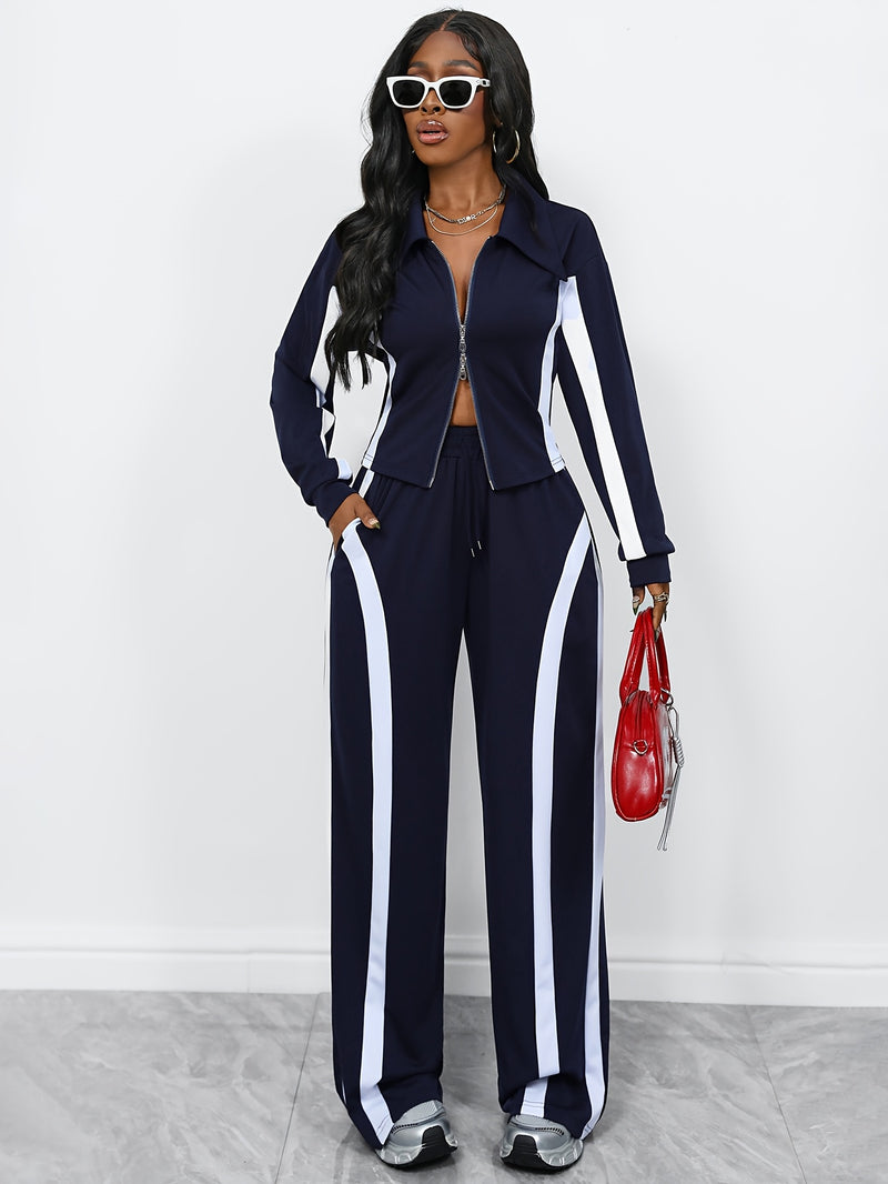 Women's Autumn-Winter Zippered Long Sleeve Jacket and Slim-Fit Pants.