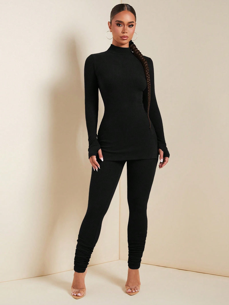 Women’s Fashion Casual Solid Color Stand Collar Long Sleeve and Pants Set.