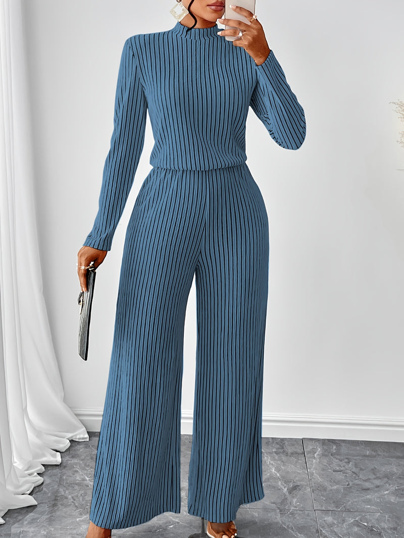 Women's Casual Elegant Long Sleeve Wide Leg Body Suit with Clavicle Collar.