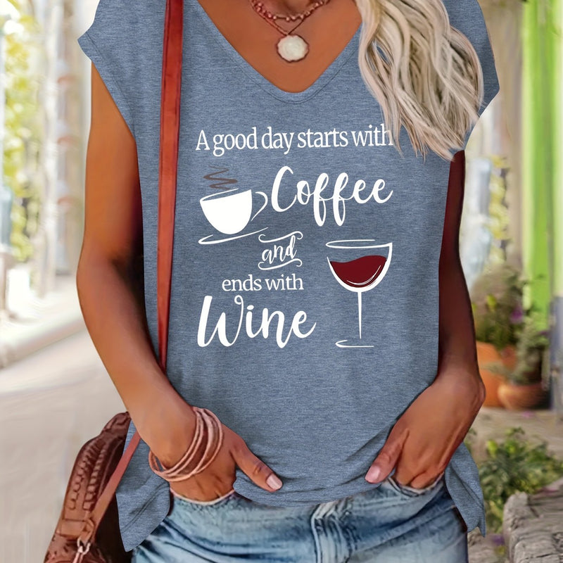 Women’s Comfortable V-Neck Short-Sleeve T-Shirt Features a Print.