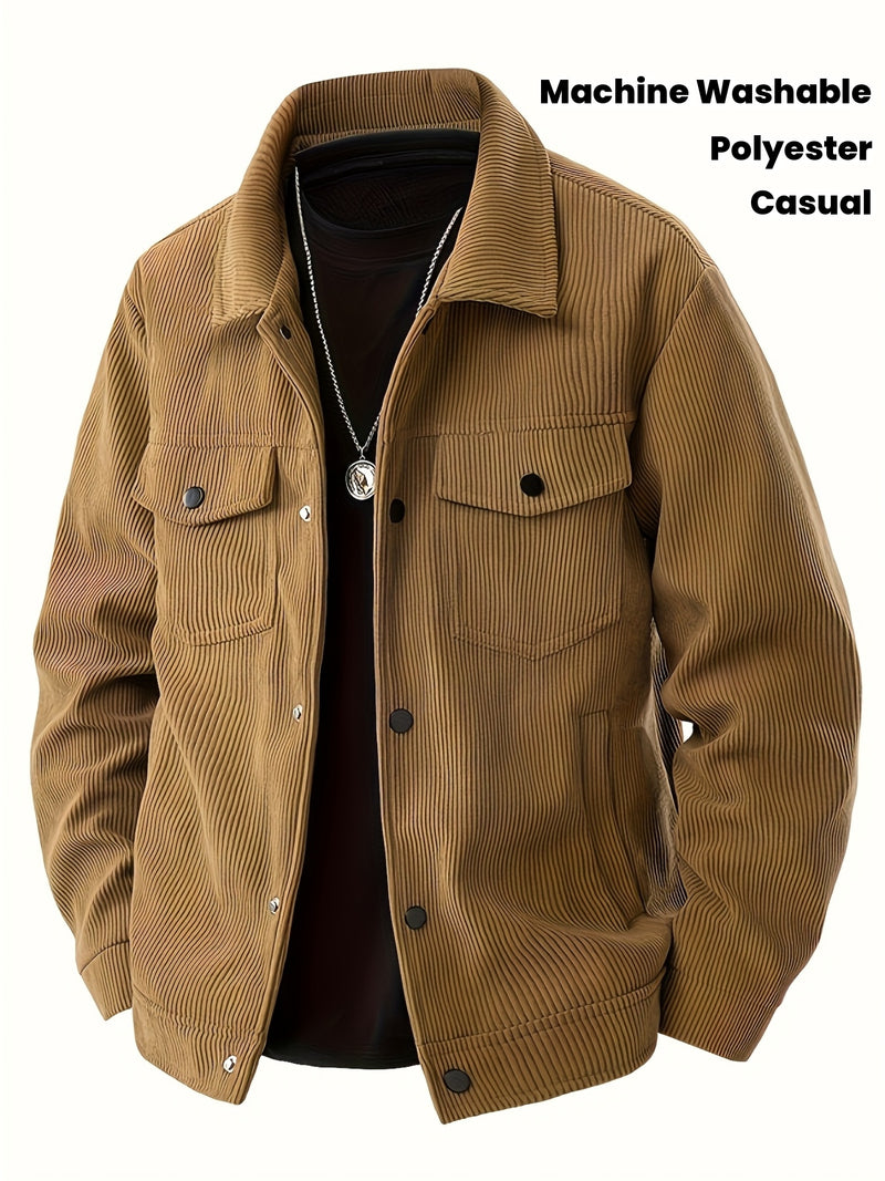 Men's Corduroy Cargo Jacket with Multiple Pockets - Polyester Casual Workwear.