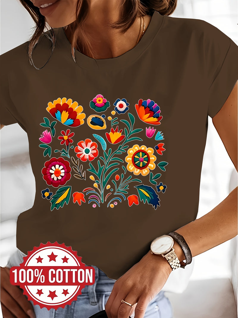 Women’s Casual Short-Sleeve T-Shirt with a Floral Graphic Print.