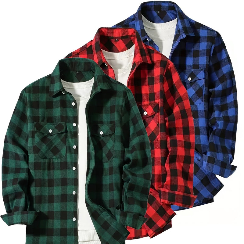 3pcs Men's Plaid Shirt Top with Turn- Collar Long Sleeve Button-Up.