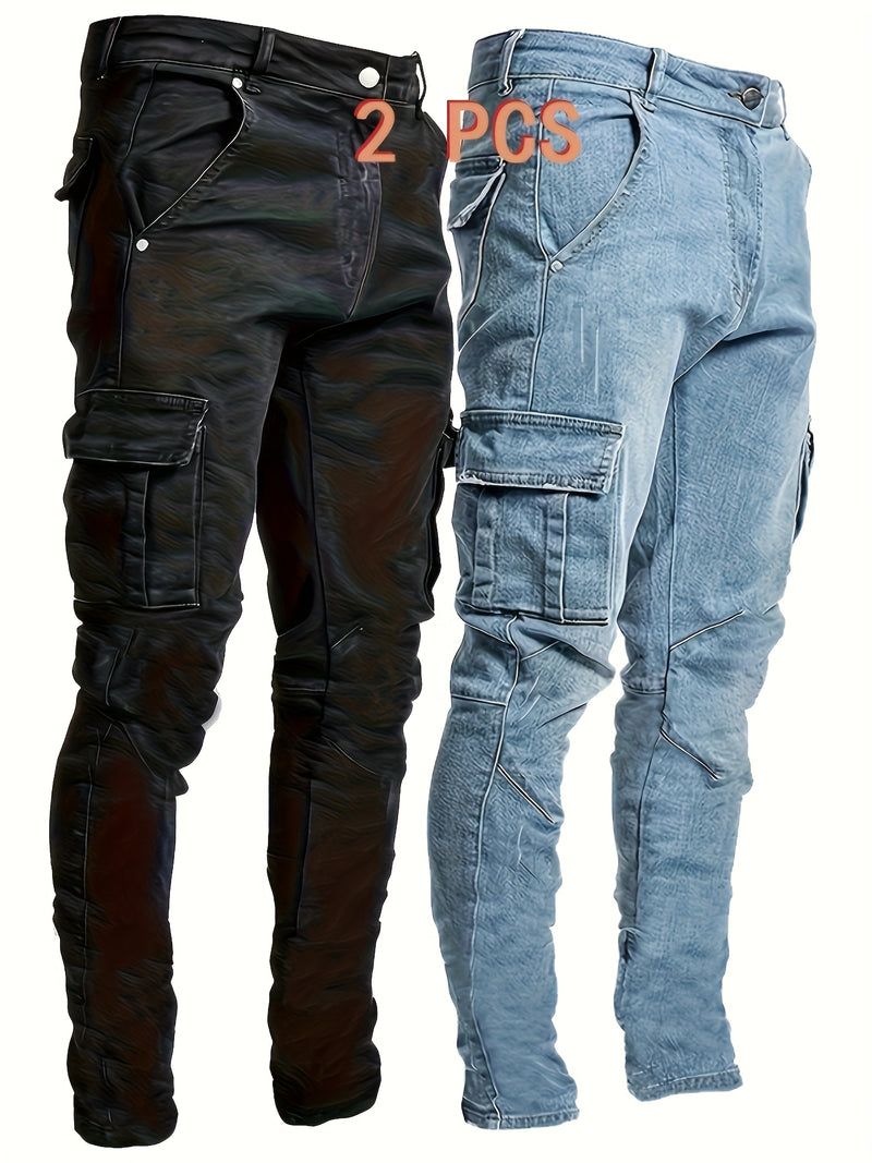 2pcs Men's Skinny Jeans Multi-pocket mid-waist stretch denim.