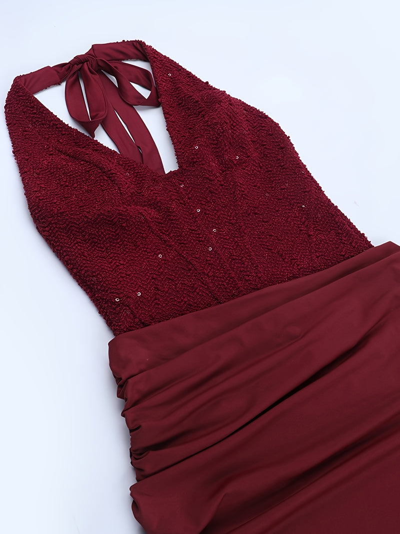 Women’s Chic Vintage-Style Burgundy Halter Dress.