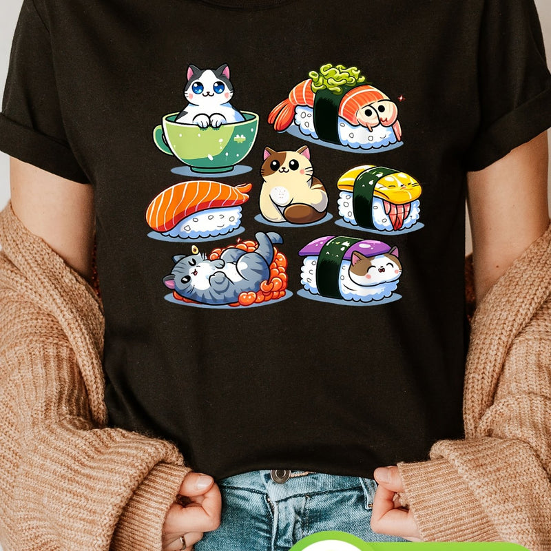 Women’s Sushi Anime Cat Sushi Lover Gift Print T-Shirt.