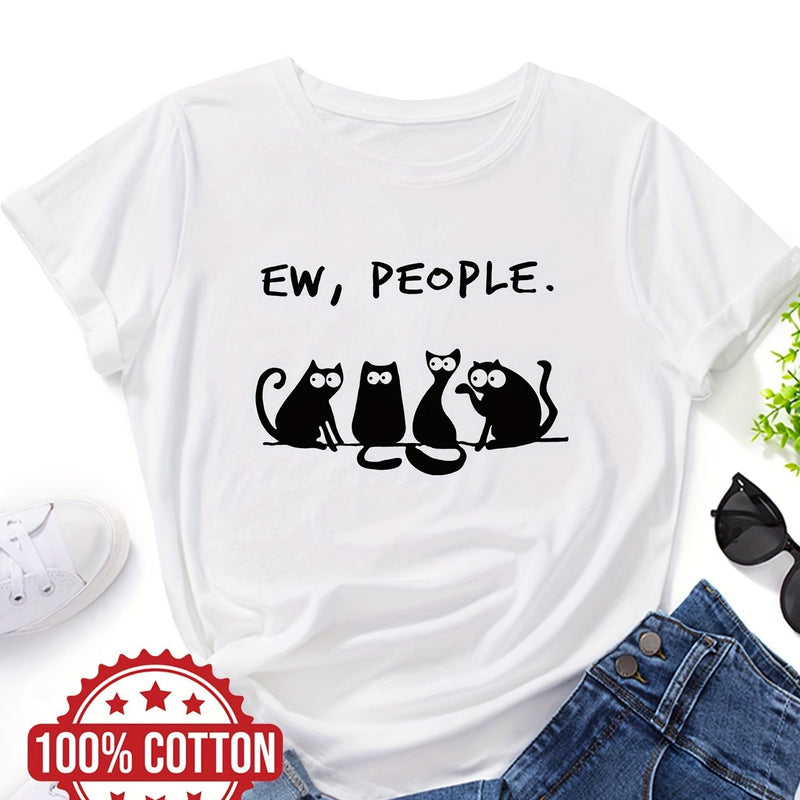 Women’s cat Print Ladies' T-shirt Casual Top for Summer & Spring.