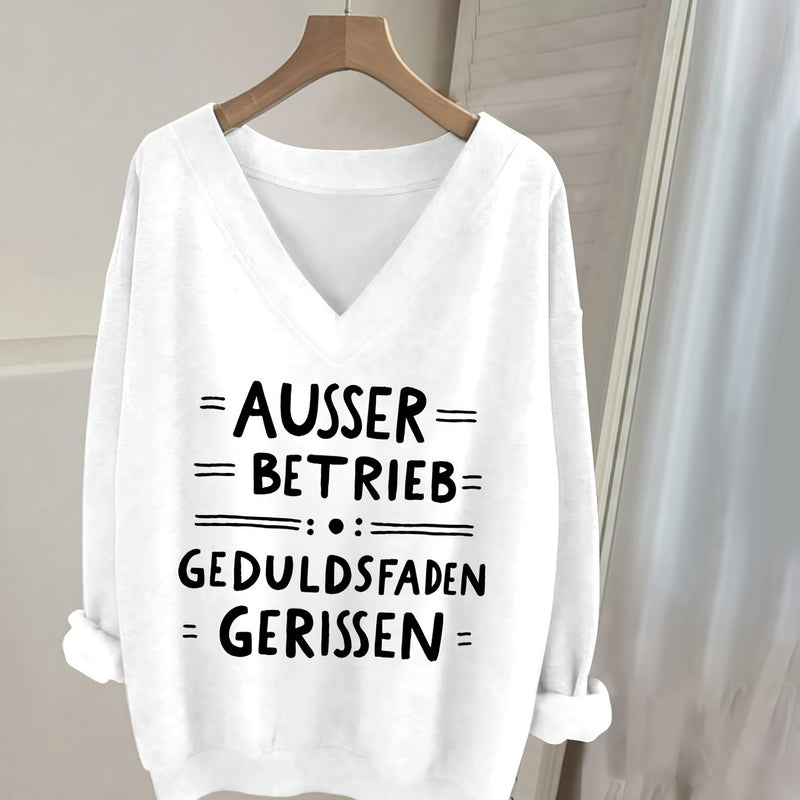 Women's Pink V-Neck Long Sleeve Sweater with German Letter Print.