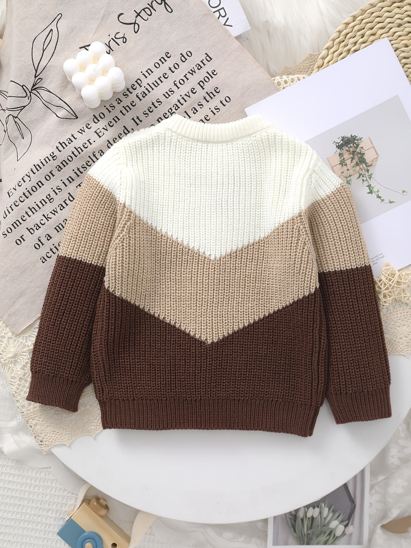 Baby Retro Tricolor Color Blocking Knitted Cardigan.