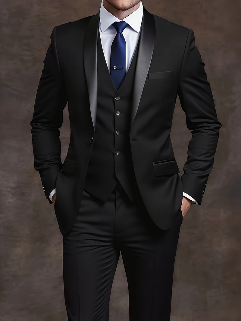 Men's 3pcs Suit with Notch Lapel, Business Formal Set, Includes Jacket.
