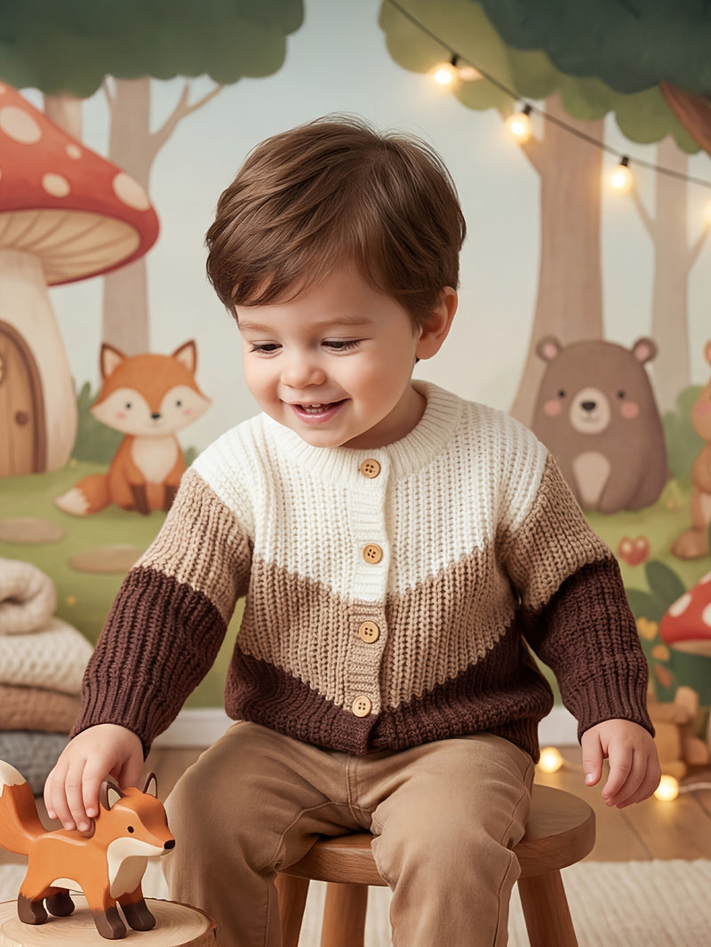 Baby Retro Tricolor Color Blocking Knitted Cardigan.