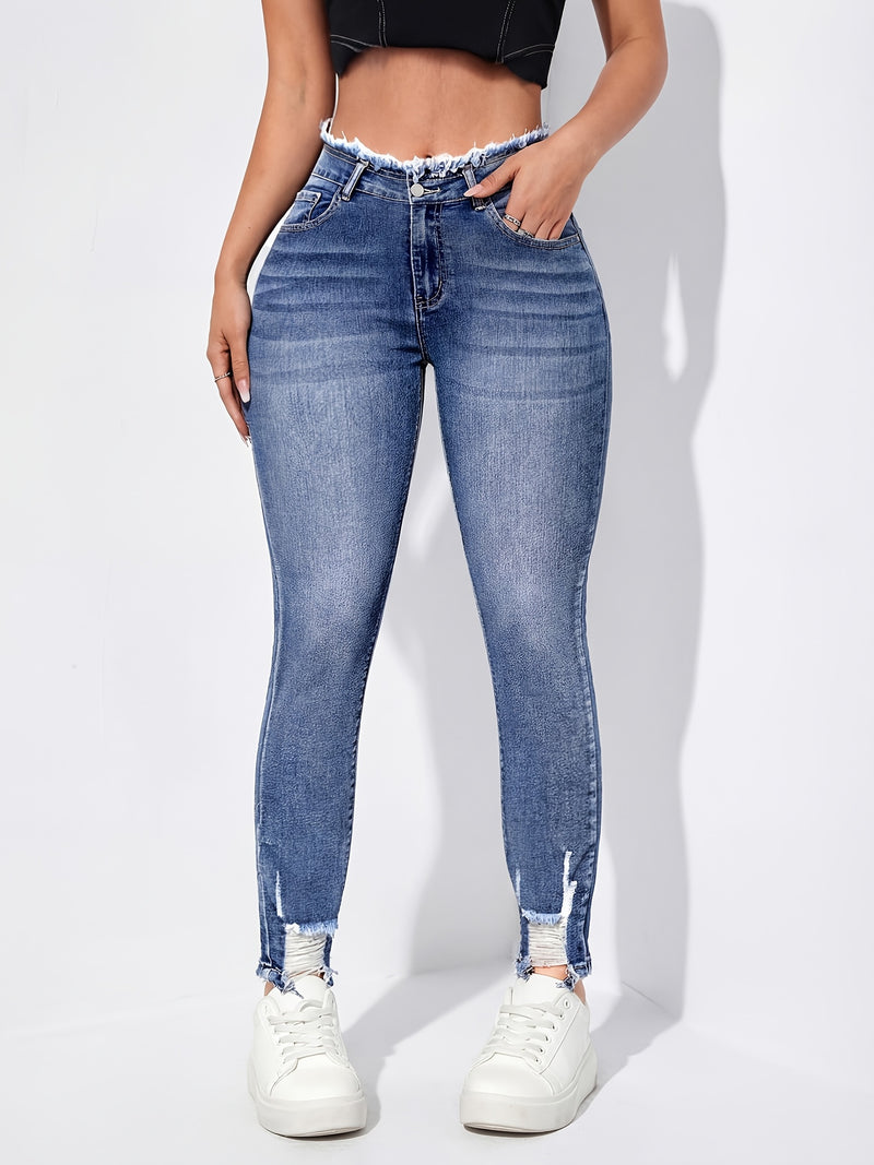 Women's Ripped Skinny Jeans with Frayed Edges.