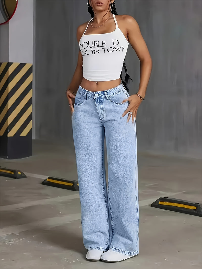 Women's New Stretch Loose Wide Leg Straight Jeans.