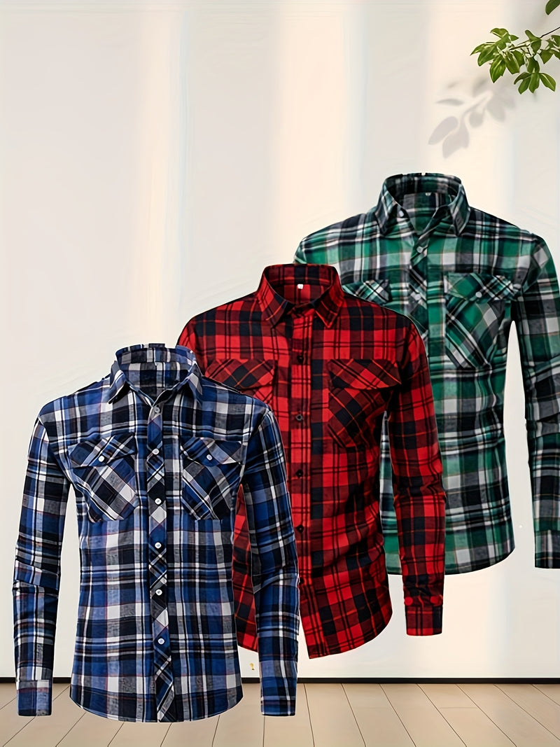 3pcs Men's Plaid Shirt Top with Turn- Collar Long Sleeve Button-Up.
