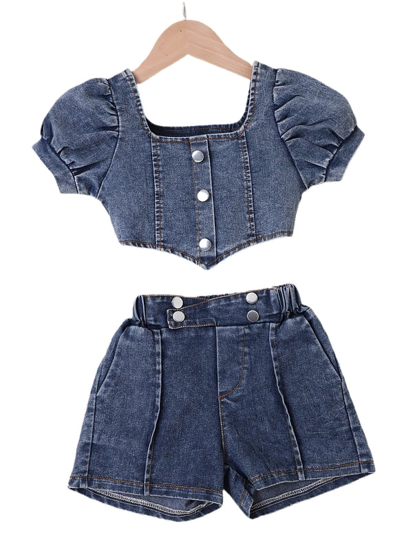 Girls Casual Trendy Stylish Y2K Denim Cropped Top & Shorts Set For Summer Holiday.