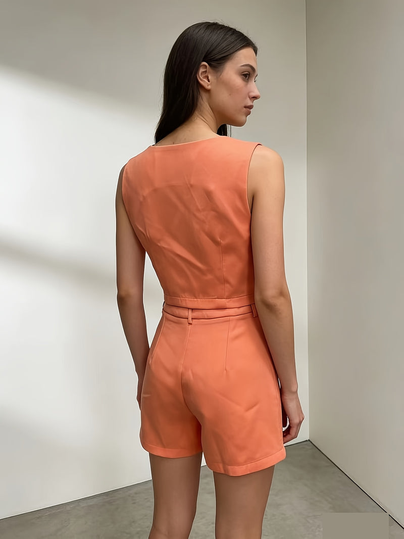 A Solid Color V-Neck Tank Top And Shorts Set for Women.