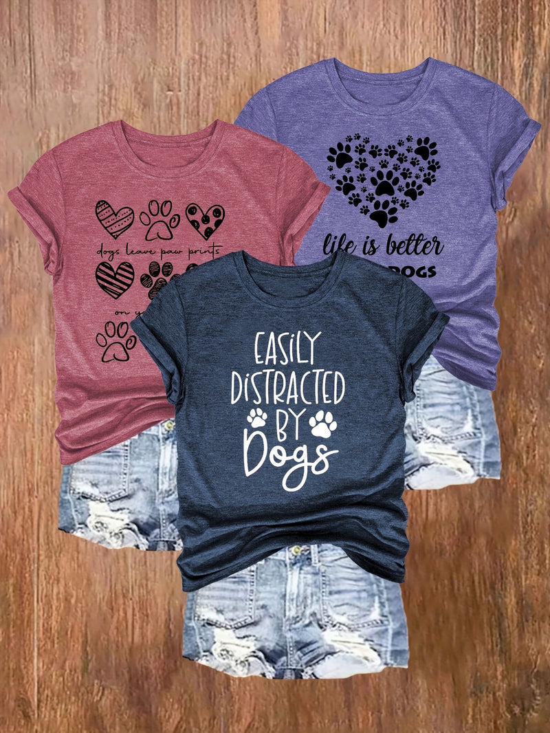 3pcs Women's Casual Dog Lover Graphic T-Shirts.