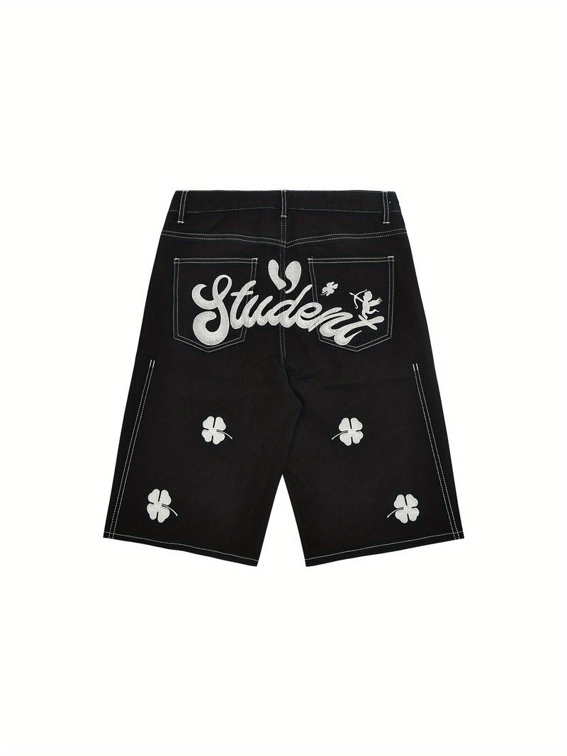 Embroidered Casual Mid-length Pants, Letter Embroidered Denim Shorts.